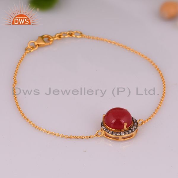 Exporter 18K Yellow Gold Plated Sterling Silver Red Aventurine And CZ Chain Bracelet