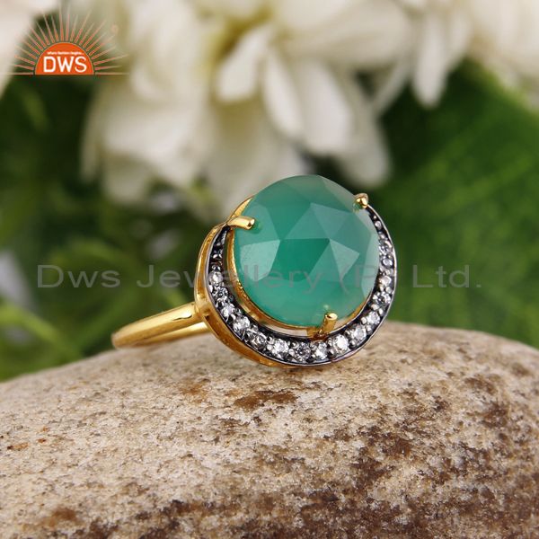 Exporter 18K Gold Plated Sterling Silver Faceted Green Onyx And CZ Stack Ring