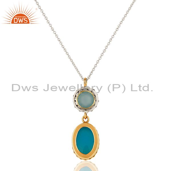 Exporter SOlid 18K Yellow Gold Aqua Blue Chalcedony Pave Diamond Drop Pendant Necklace