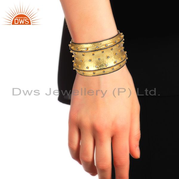 Cz Hammered Gold And Black On Sterling Silver Ethnic Cuff