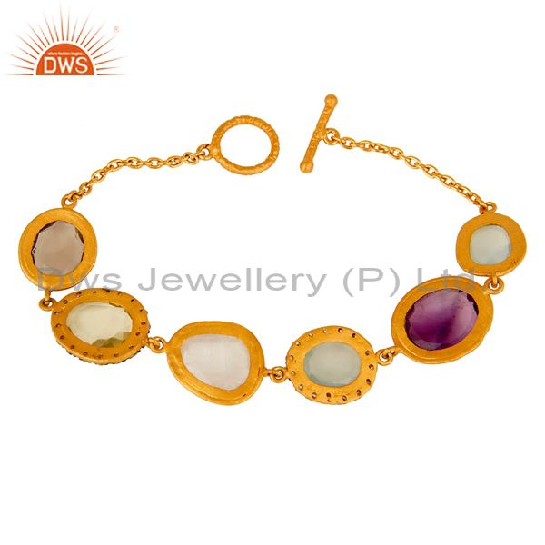 Exporter 22K Yellow Gold Plated Sterling Silver Multi Colored Gemstone Bracelet With CZ