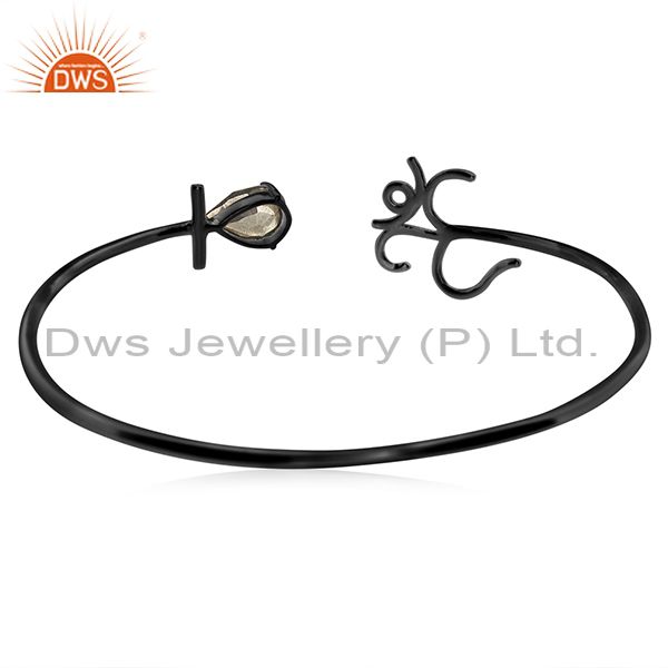 Exporter Pyrite Gemstone Black 925 Silver Om Aum Charm Cuff Bracelet Wholesale