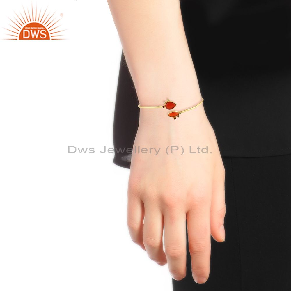 Supplier of Natural red onyx gemstone designer gold plated silver bangles