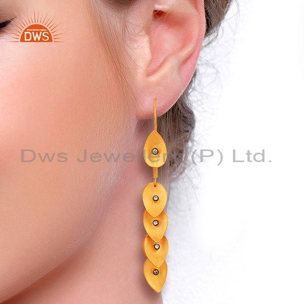 Exporter 18K Yellow Gold Plated Brass Cubic Zirconia Leaf Chandelier Earrings