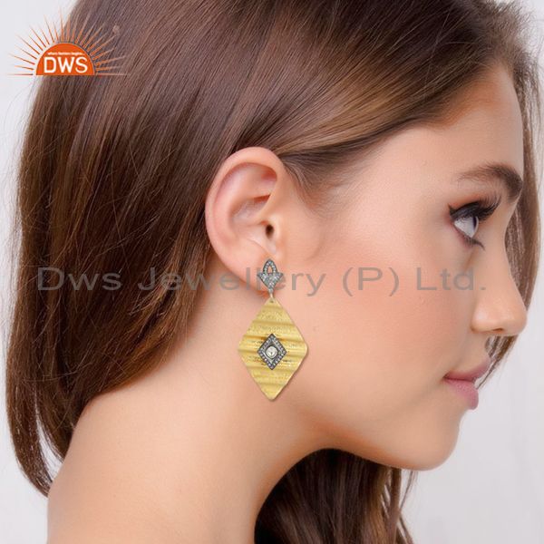 18K Yellow Gold Plated Sterling Silver CZ Polki Fashion Dangle Earrings