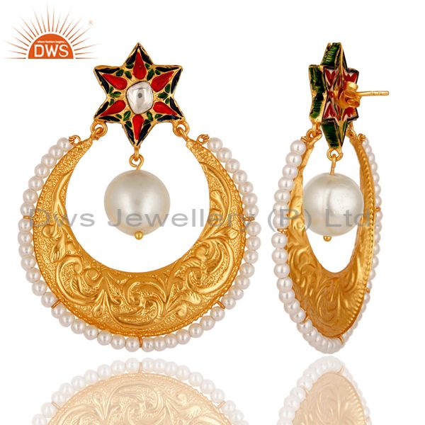 Exporter Pearl and Crystal Quartz Textured Gold Plated Silver Enamel Stud Drop Earring