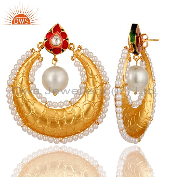 Wholesalers Crystal Polki and White Pearl 18K gold Plated Sterling Silver Enamel Earring
