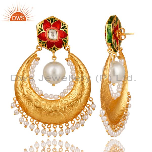 Wholesalers Crystal Quartz Polki and Pearl 18K Gold Plated Sterling Silver Enamel Earring