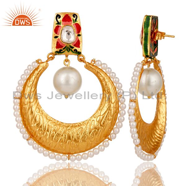 Wholesalers Crystal Quartz and Pearl Textured Yellow Gold Plated Silver Stud Enamel Earring