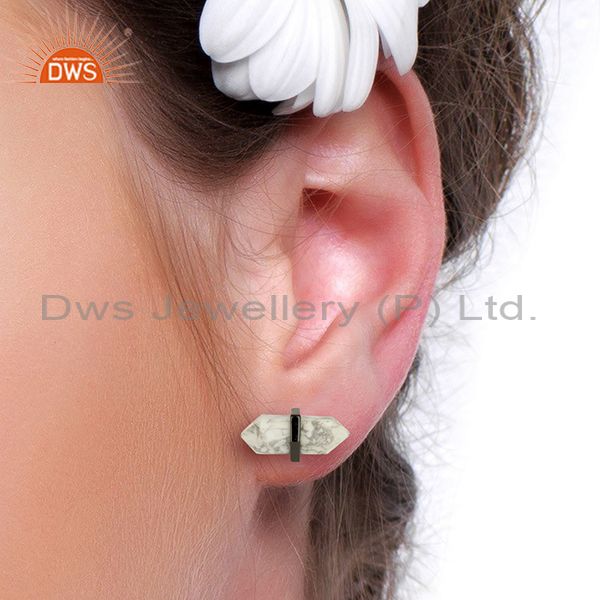 Wholesalers Pencil Design White Howlite Gemstone 925 Silver Stud Earrings Supplier