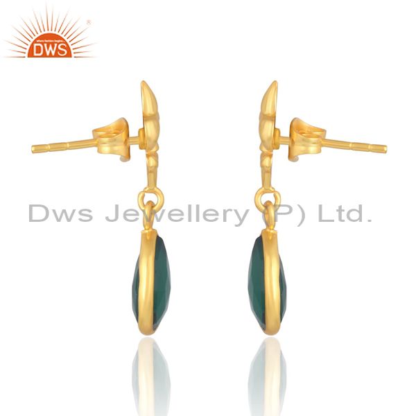Floral Pattern Womens Green Onyx Pear Brass Gold 18K Drop