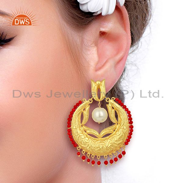 Wholesalers CZ Coral Gemstone Gold Plated Silver Chand Bali Traditional Earrings