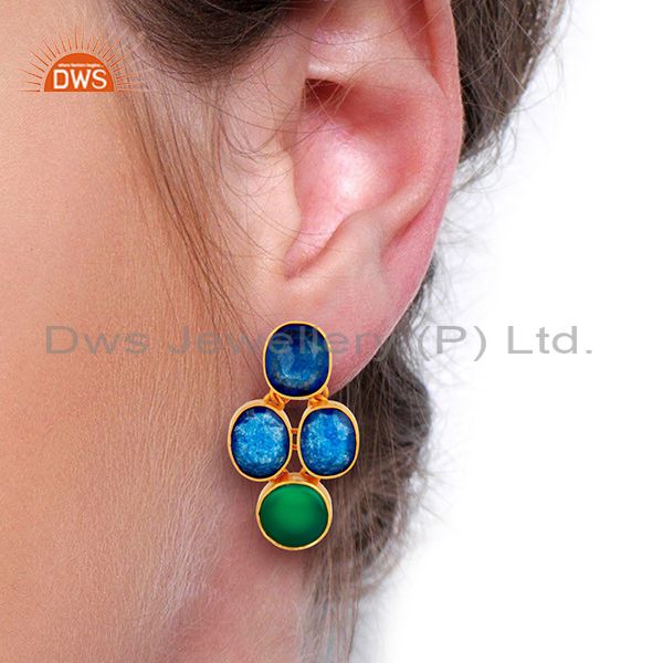 Wholesalers Green Onyx and Blue Aventurine Gemstone 925 Silver Earrings Supplier
