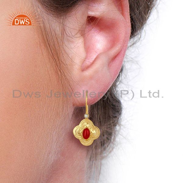 Wholesalers Coral Gemstone Gold Plated Silver Womens Earrings Jewelry Supplier