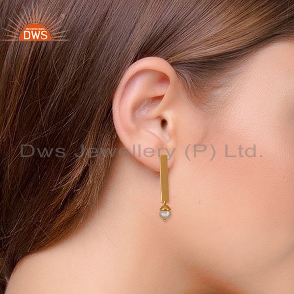 Exporter Simple Bar Design 925 Silver Gold Plated Pearl Earrings Manufacturers