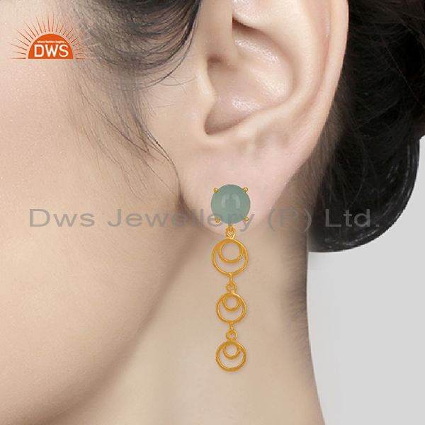 Designers of Gold plated 925 silver aqua chalcedony gemstone dangle earrings