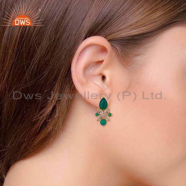 Wholesalers Green Onyx Gemstone 925 Silver Gold Plated Stud Earrings Jewelry
