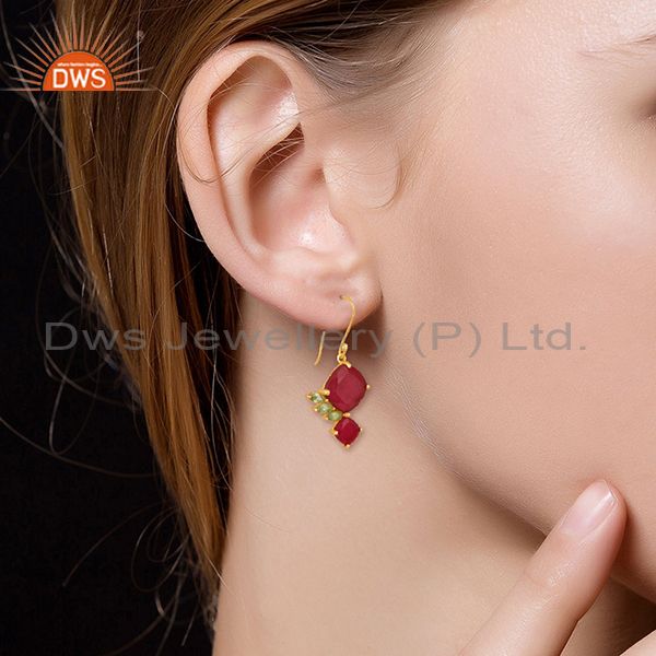 Exporter 92.5 Sterling Silver Gold Plated Double Gemstone Earrings Wholesale