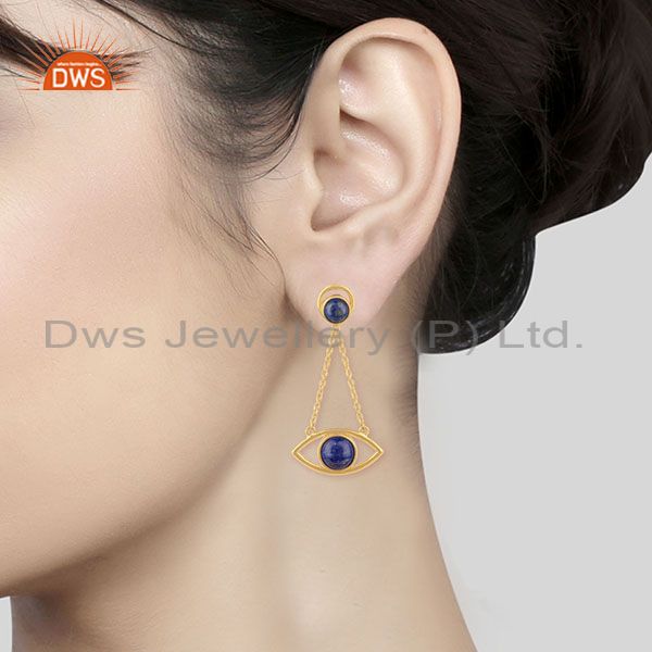 Wholesalers Gold Plated 925 Silver Gold Plated Chain Lapis Gemstone Earring