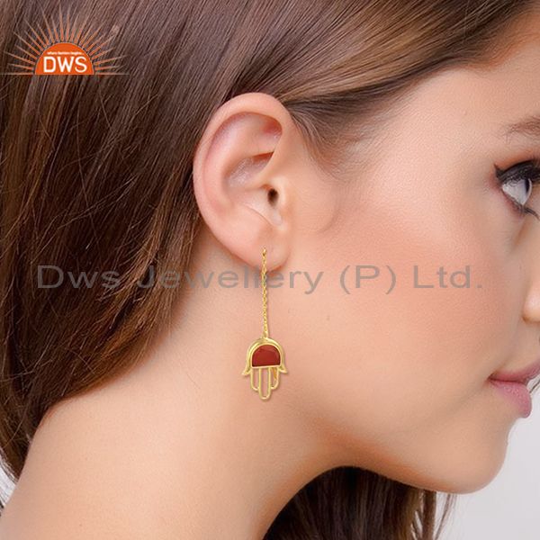 Red onyx set gold on silver hamsa long drop fancy earrings