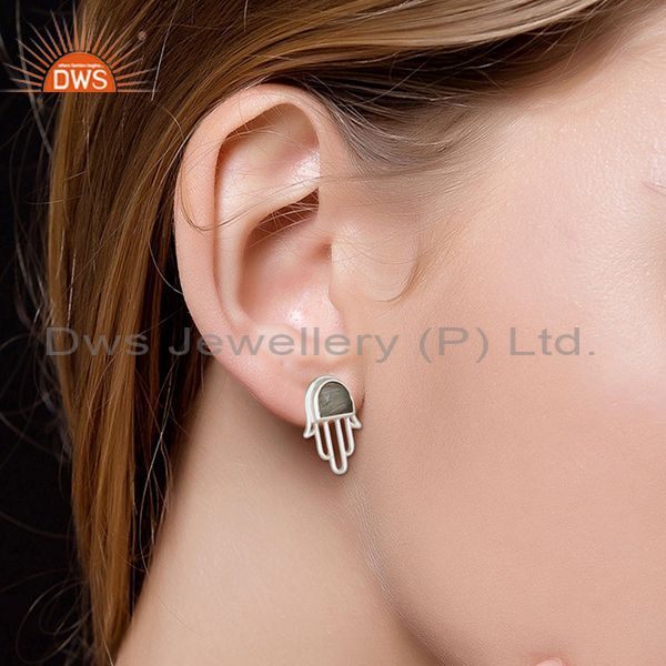 Wholesalers Labradorite Gemstone 925 Silver Hamsa Hand Charm Stud Earring Manufacturer India