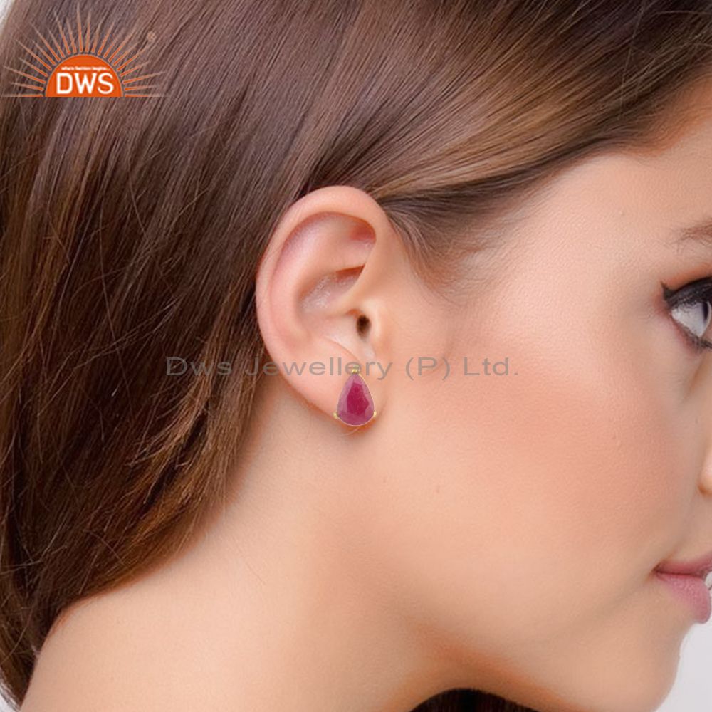 Designer dainty yellow gold on silver 925 studs with natural ruby