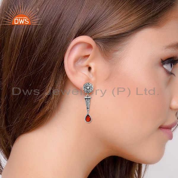 Red Imitation Stone Set Oxidized Silver Handmade Earrings