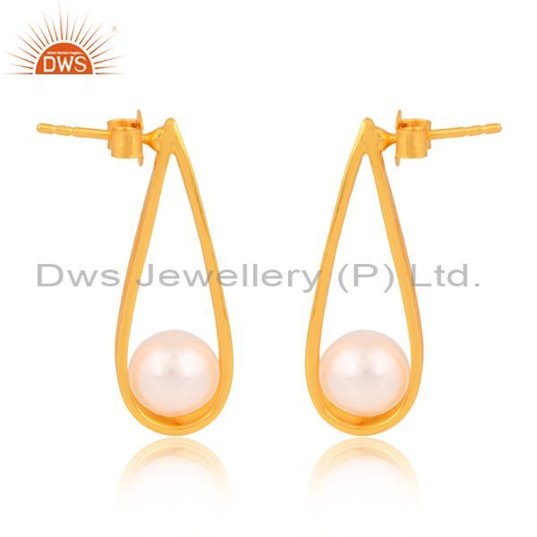 Round Pearl Beads Set 18K Gold On Silver Long Drop Earrings