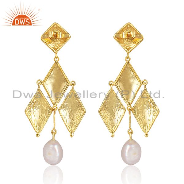 Pearls Set Gold On Silver Rhombus Shaped Classic Earrings