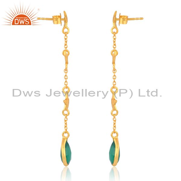 18K Sterling Silver Earring With Green Onyx Briolette Stone