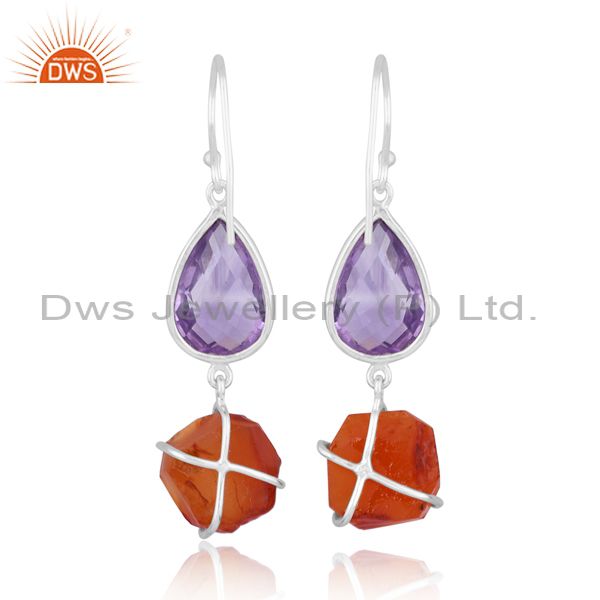 Silver White Drops With Amethyst Briolette And Carnelian