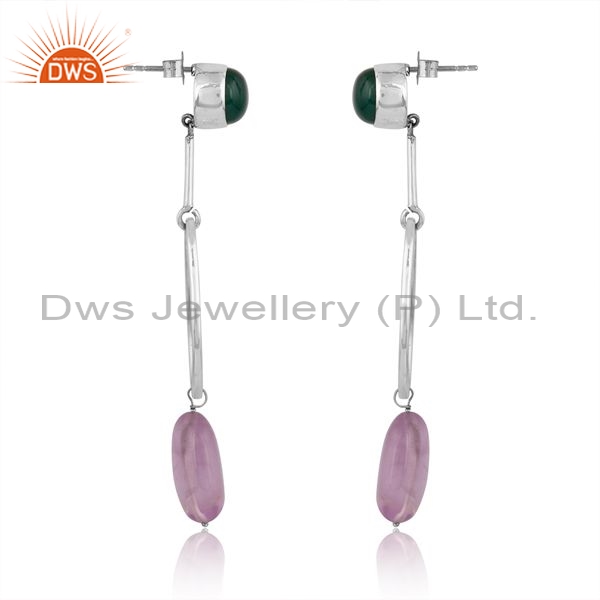 Sterling Silver Earrings With Green Onyx And Amethyst Stone