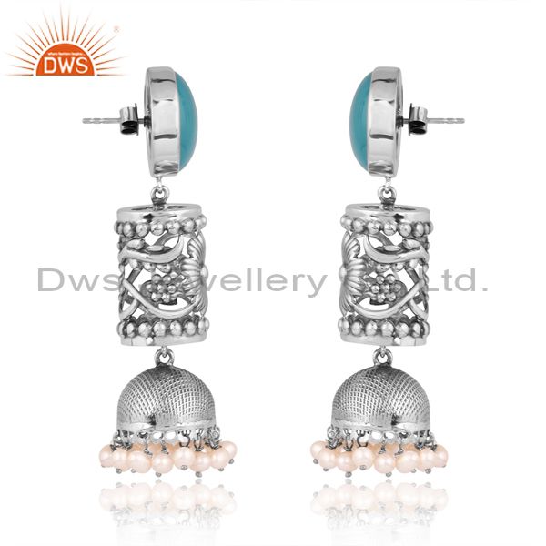 Aqua Chalcedony & Pearl Beads On Oxidized Silver Earring