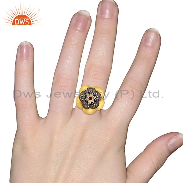 Exporter 18K Yellow Gold Plated Sterling Silver CZ And Pink Tourmaline Cocktail Ring