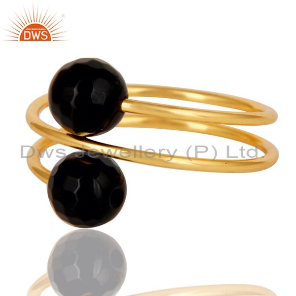 Exporter 14K Yellow Gold Plated Sterling Silver Natural Black Onyx Wire Adjustable Ring