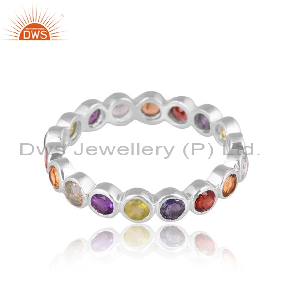 Sterling Silver Ring With Colorful Round Cut Gemstones