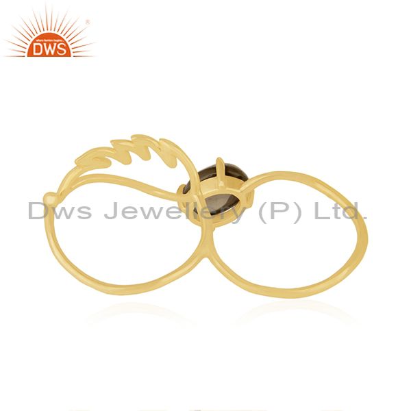 Wholesalers Angel Wing 925 Silver Gold Plated Smoky Quartz Double Finger Ring Wholesale