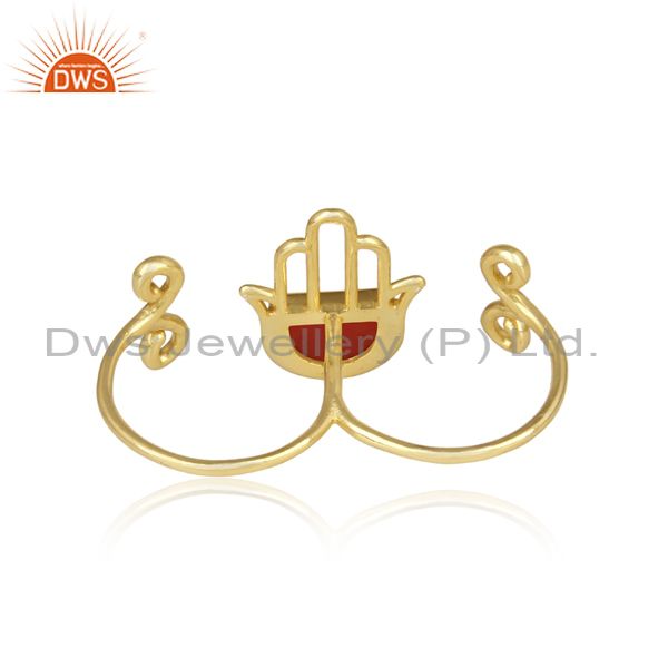 Gold Plated 925 Silver Red Onyx Coin Set Hamsa Hand Ring