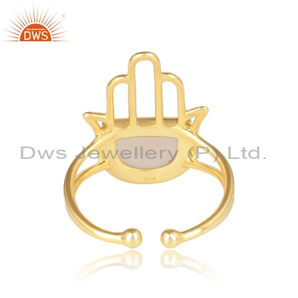 Rose Chalcedony Set Gold On 925 Silver Hamsa Designer Ring