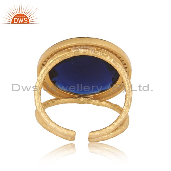 Textured bold gold on silver corundum blue cultured and cz ring