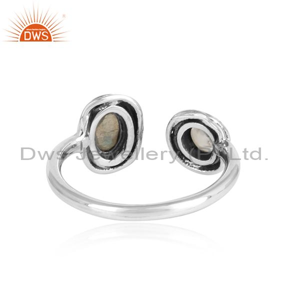 Labradorite And Crystal Quartz Cut Silver Adjustable Ring