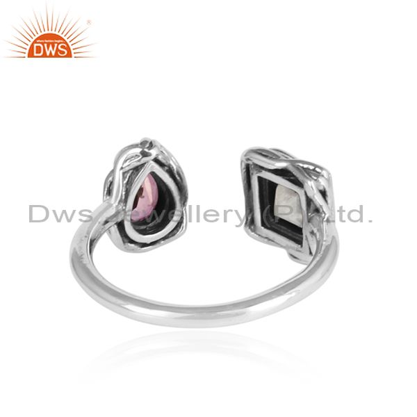 Pink Topaz, Rainbow Moon Stone Set Oxidized 925 Silver Ring