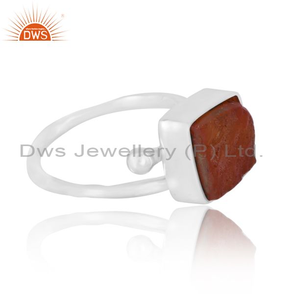Silver Square Adjustable Ring With Carnelian Rough Stone