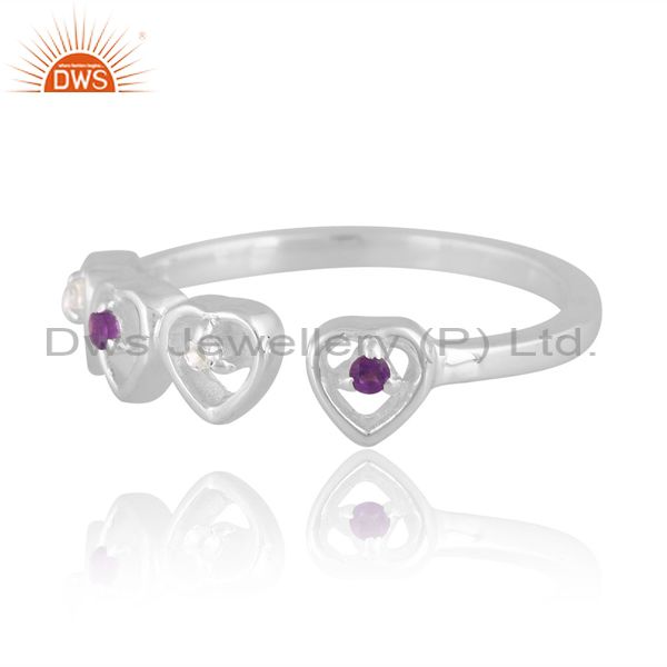 Silver White Heart Ring With Amethyst And White Topaz