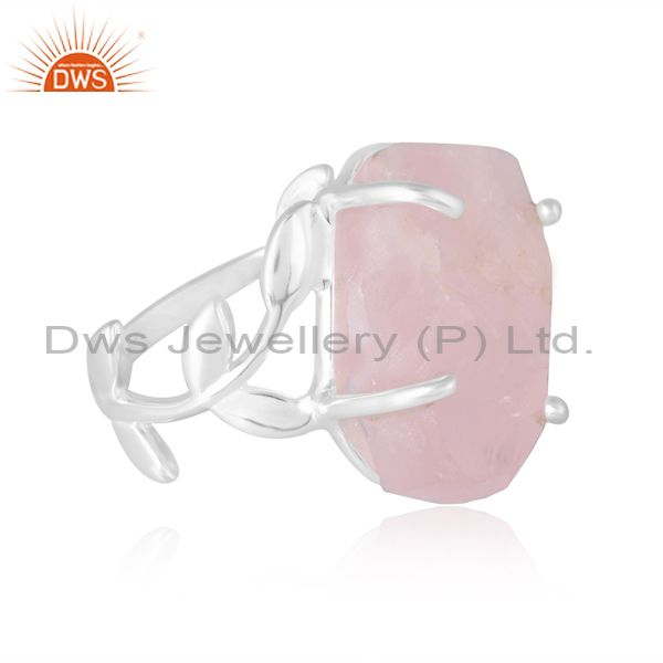 Prong Setting Silver Ring Semicircle Band With Rose Quartz