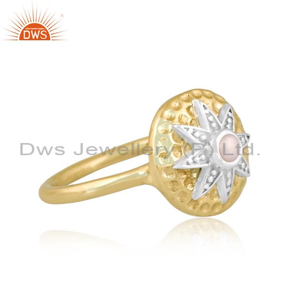 Brass Gold Star Ring With Pearl Cabushion Round Cut Stone