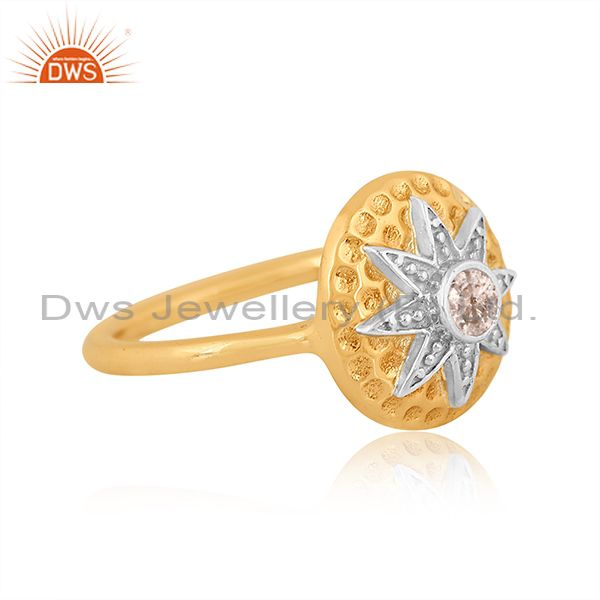 White Topaz Cut Round With Brass Gold & White Ring