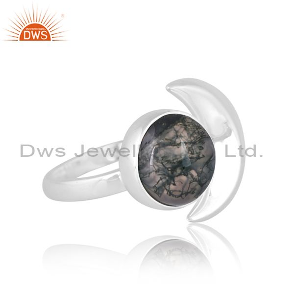 Sterling Silver Moon Ring With Moss Agate Stone