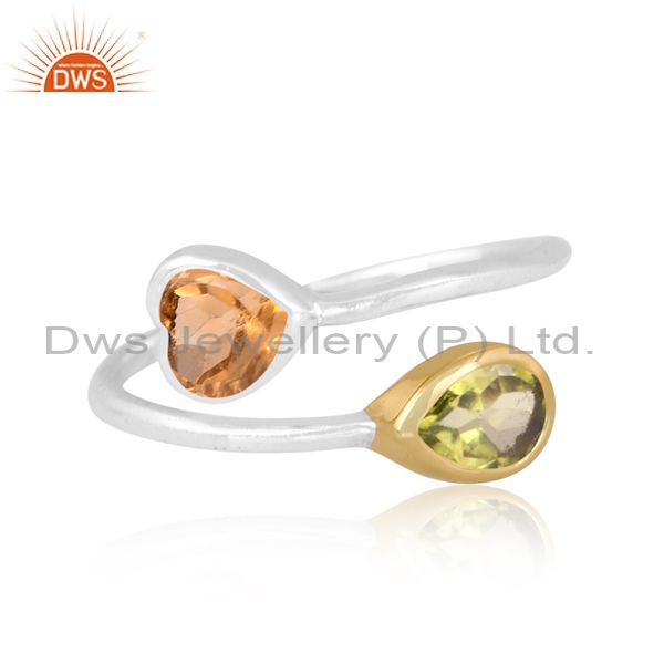 Citrine Heart, Peridot Pear White, Gold Sterling Silver Ring