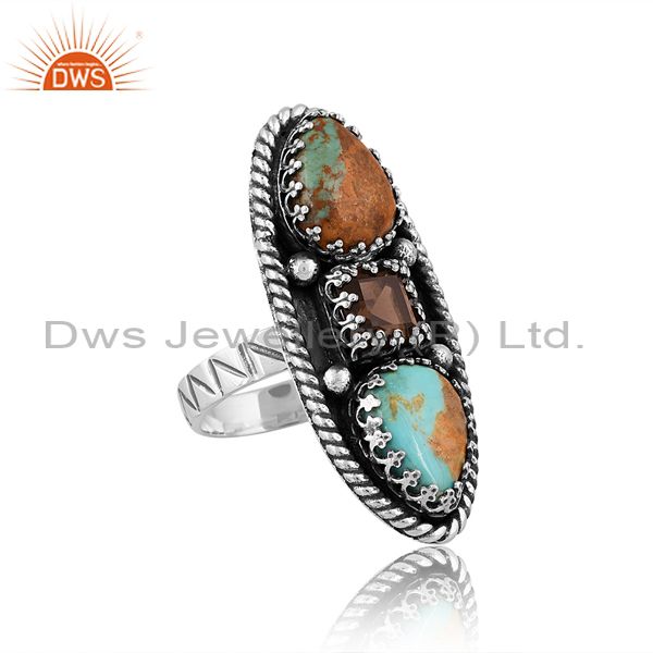 Sterling Silver Ring With Turquoise And Smokey Cut Stone